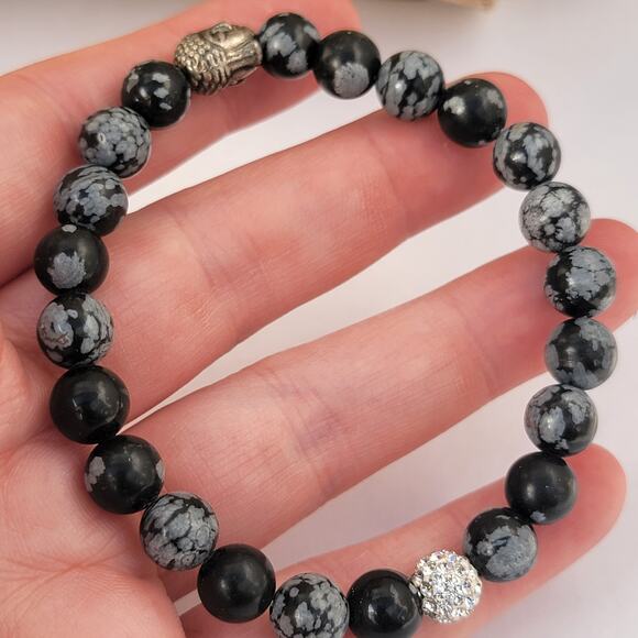 Vintage snowflake obsidian Buddha bracelet rhinestone accent stretch - Picture 7 of 10